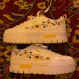 Puma White Platform Sneakers with Yellow Sunflower Design